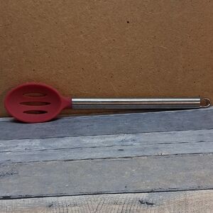 Red Silicone Slotted Spoon with Stainless Handle and Loop for Hanging